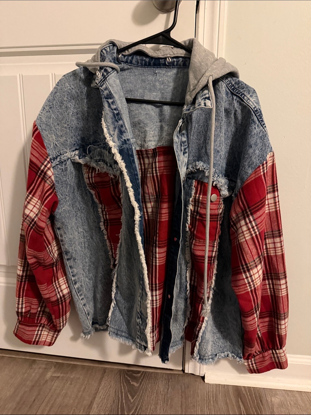Women Red Plaid & Denim Jacket with Gray Hood